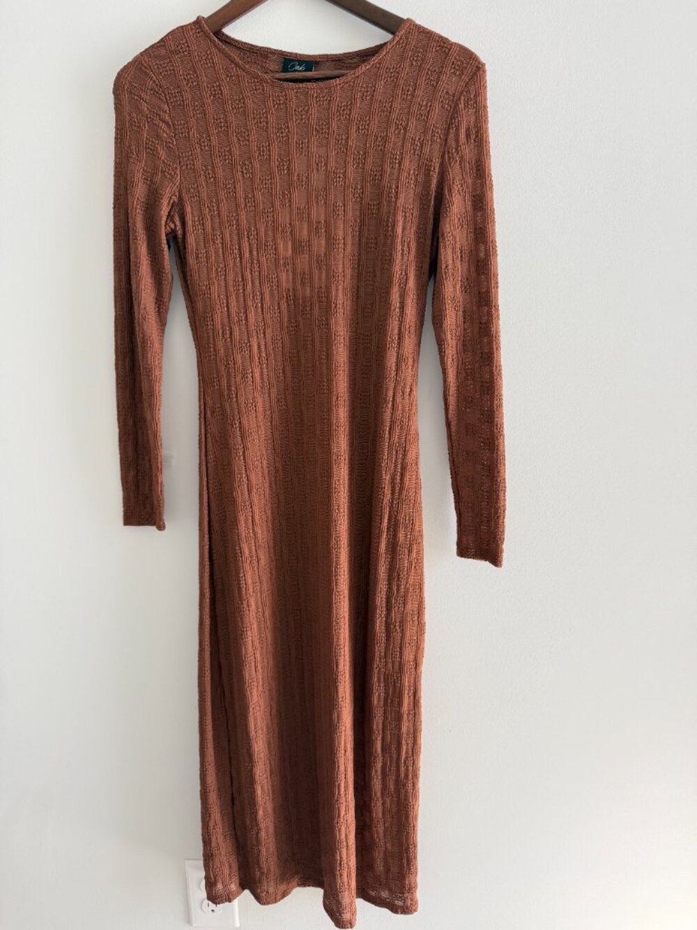 Rust Textured Knit Column Maxi Dress Long Sleeve Minimalist Stretch Fall Dress M